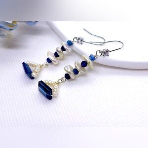 Natural Kyanite & Baroque Pearl Earrings,White Gold Filled Zircon Hook Earrings